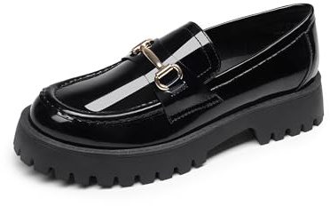 DREAM PAIRS loafers för kvinnor, plattform, tjocka penny loafer, slip-on avslappnade uppklädda affärsskor med fotvalvstöd, Svart-patent, 37.5 EU