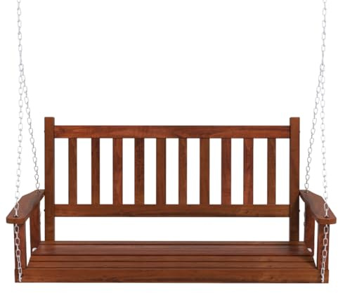 SFAREST 2/3 Seater Patio Swing Chair, Wooden Swing Bench Loveseat with Adjustable Hanging Chains, Outdoor Swing Seat Hammock for Balcony Yard Tree (Brown, 136 x 66 x 63cm)