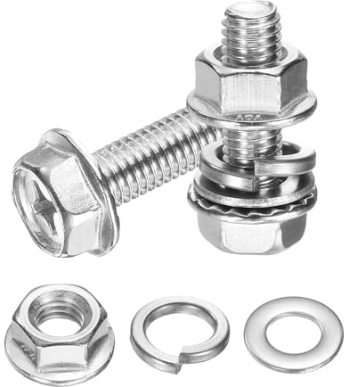 sourcing map M8 x 25mm Flanged Hex Head Bolts, 10Pcs 304 Stainless Steel Flange Hexagon Screws with Nuts, Flat & Lock Washers, Fully Threaded, for Machinery Industry Home Appliances