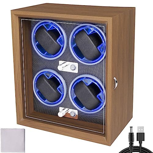 Blendra Automatic Watch Winder Box for 4 Watches - Quiet Motor, 4 Rotation Modes & Blue LED Light, Acrylic Display Case With Wipe Cloth - Watch Storage