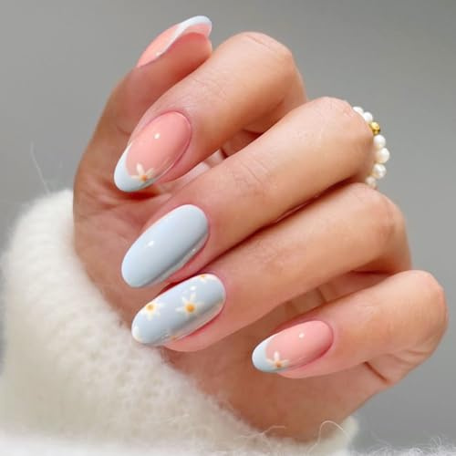 JMEOWIO Nagelfolie UV Härtend Blau Weiß Blumen French Tip UV Gel Nail Strips Nagelsticker Nagelaufkleber Nail Art Dekoration Nageldesign Zubehör