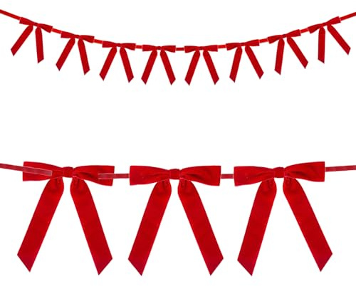 Red Velvet Bow Banner,210cm Long Pre-Strung Christmas Garland Banner with 8Pcs 17 * 24cm Bows for Xmas Tree Fireplace Window Staircase Decor (Red)