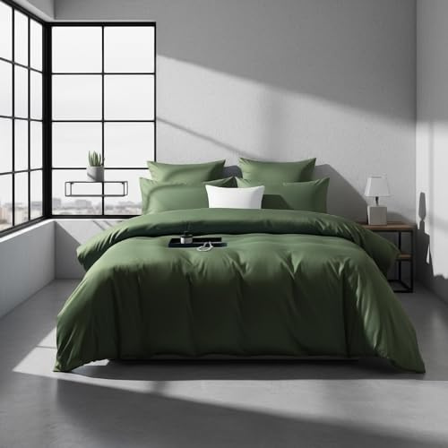 DXHOME Mako Satin Bettwäsche 135x200 Grün Dunkelgrün Uni Baumwolle Lyocell Seide300TC Öko-Tex 100 Bettwäsche 2 Teilig für Einzelbett Bettbezug mit Reißverschluss + 1 Kissenbezug 80x80 cm