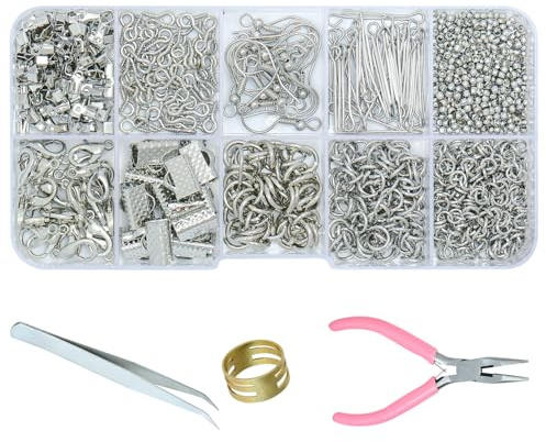 Prettme 540 Stück Silber Schmuckherstellung Zubehör Kit,Schmuck Reparatur Kit mit Biegeringe,Ohrringhaken, Quetschperlen und Schmuckzange für Armband,Halskette und Ohrringe