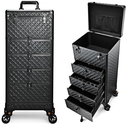 Valise de Maquillage avec 4 tiroirs Malette Maquillage Professionnel pour Salon de beauté Malette onglerie Grand Valise Coiffeur avec Roues verrouillables, Cuir Noir