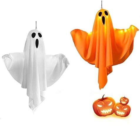 2025 Halloween Decoration Glowing Ghost, Halloween Party Decoration, Hanging Ghost with Fairy Lights, Battery Operated for Indoor, Front Yard, Patio, Lawn, Garden (Orange+White)