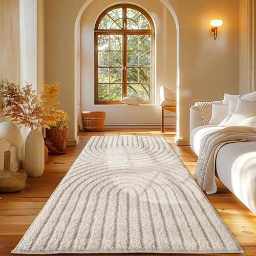 Carpetsale24 Teppich Läufer 60x110 cm Creme Hochflor Skandi Boho Design Hoch-Tief Effekt Weicher Shaggy Langflor Flauschig Robust Pflegeleicht Modern für Schlafzimmer, Flur