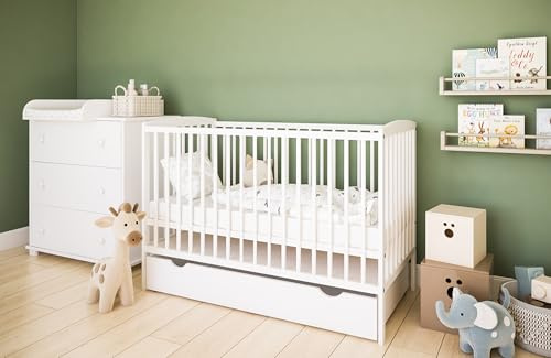 zee Babybett Set 120x60 cm 2in1 Weiß Mit Schublade Schutzbarriere & Wickelkommode Classic Mit 3 Schubladen Babyzimmer Mit Wickelaufsatz
