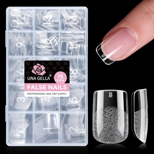 UNA GELLA Capsules gel ongle carré court, 300 pcs 15 tailles Capsules américaines ongle/capsule américaine soft gel pour extension d’ongles DIY et salon