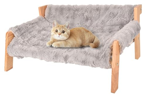 Sxnmmweu Großes Hölzernes Katzenbett, 71x47cm Katzensofa, Katzenbett Flauschig, mit Abnehmbarer und Waschbarer Katzendecke, Maximale Belastbarkeit 18 kg, für Erwachsene Katzen und Kätzchen Geeignet