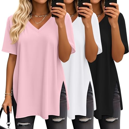 Geyoga 3 Confezioni da Magliette Oversize da Donna T-Shirt Casual in Maglia con Scollo a V Maniche Corte Spacchi Laterali Top Larghi e Tuniche alla Moda