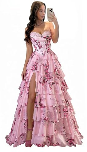 Misshow Robe de Bal Femme Longue à Fleurs Bustier Col cœur en Mousseline de Soie avec Lacet Fente