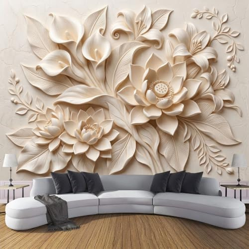 Carta Da Parati Fotomurale Xxl Rilievo Floreale Orientale 450X315Cm, Poster Murale Fotografica 3D In Tessuto Non Tessuto Calla Loto Di Grande Per Tv Corridoio Soggiorno, Beige Crema