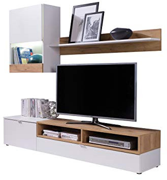 Wohnwand Andreas, Elegantes Wohnzimmer-Set als Anbauwand, griffloses Öffnen, bestehend aus TV-Lowboard, Hängevitrine, Wandregal mit viel Stauraum (weiß/Eiche Gold, mit weißer LED Beleuchtung)