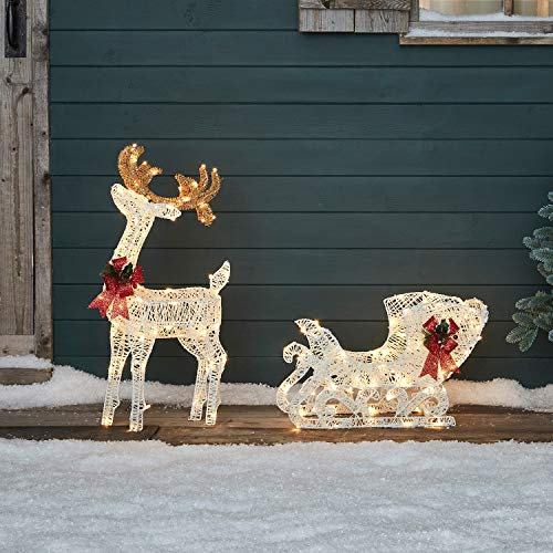 Lights4fun Outdoor Reindeer & Sleigh Light Up Christmas Figure Garden Decoration with 160 Warm White LEDs & Timer 70cm