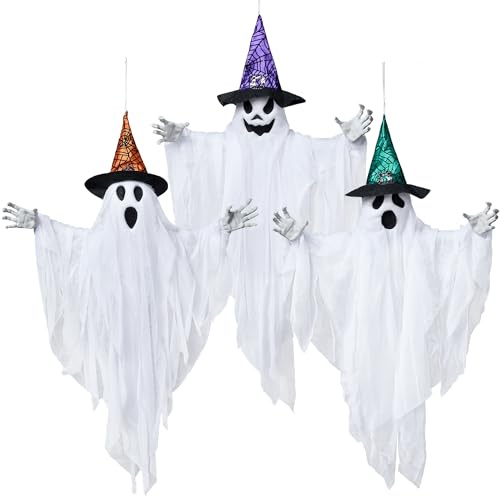 JOYIN 3 Stück 63 cm hängende Geister-Dekorationen, Halloween, weißer Geist mit Hüten für Spukhaus, Friedhofszene, gruselige Innen- und Außendekoration