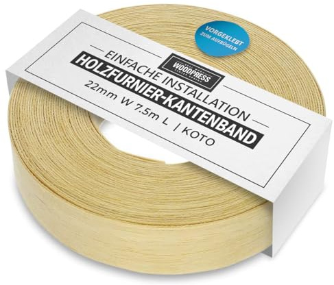 WoodPress® 22mm Real Tropical Koto Wood Iron-On Edging - 7.5m Edge Tape - Pre-Glued Veneer Strip for Easy DIY - Edge Banding for Furniture Repair - Hot-Melt Backed Trim for Shelf, Drawer