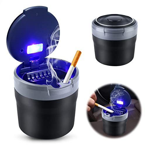 Cendrier de Voiture, LED Cendrier avec Couvercle Cendrier de Voiture Sans Fumée Cendrier à Cigare pour Voiture, Maison, Bureau et Voyage 7,7x7,7x7,3 cm Gris