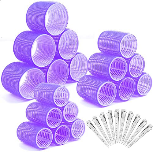 Lockenwickler locken Set,Selizo 28 Stücke Hitzefreie Jumbo Groß Kleine Lockenwickler Selbsthaftend Hair Rollers 63 mm 44mm 35mm mit 10 Stücke Klammern für lange mittlere kleine Haar (lila)