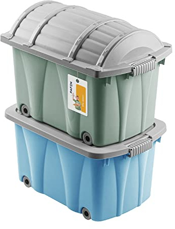 Piraten Spielzeugkisten SET - 2x Schatzkiste 49l mit Rollen - Spielzeugbehälter Aufbewahrungsbox für Kinder Ordnungsbox, Grün/Blau