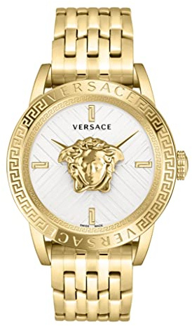 Versace V-Code Collection Luxuriöse Herren-Armbanduhr mit goldfarbenem Armband und silberfarbenem Zifferblatt, Gold, OS, V-Code