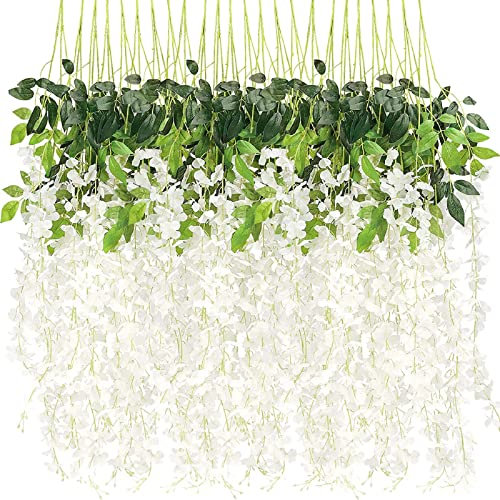 Estanofur State 12 PCS Wisteria künstliche kunstblumen Girlande Kunststoff-Rebe aus Glyzinie, 110 cm Länge, geeignet für Girlande Hochzeit, Partys dekoblumen (Weiß)