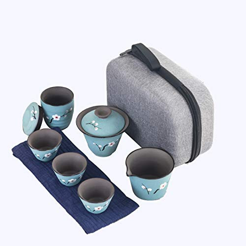 Juego de té de viaje Juego de té de cerámica Kungfu Mini tetera Tetera Tetera de porcelana Contenedor de té con bolsa portátil para picnic en hoteles de negocios, azul (rosa) (azul) Decoración