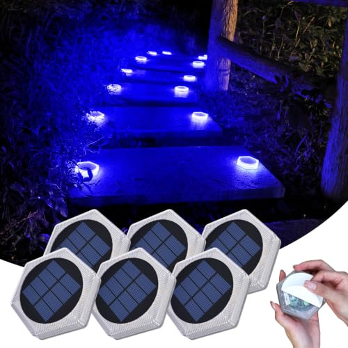 10cm 20 Led Bodenleuchte Aussen Solar Treppenbeleuchtung Hinlegen Aufkleber | Blaue IP68 Wetterfest Befahrbare Bodenleuchten Liegend für Garten Weg Einfahrt Stufe Gehweg Rasen (6 Stück)
