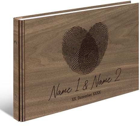 Personalisiertes Hochzeit Gästebuch echtes Holz DIN A4 Hochzeitsbuch mit Lasergravur - Fingerabdrücke - mit 72 Blatt / 144 Seiten Naturpapier Weiß
