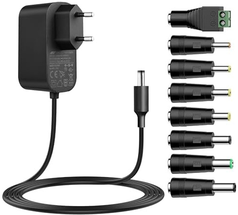 Tonton Universal Adapter 1,8M, 12V 0,3A 0,5A 0,8A 1A 2A Laddare, 5,5mm*2,1mm med 8 DC-kontaktadaptrar för CCTV-kamera, WiFi-router, hubb, LED-remsa, telekom, skanner, switch, dörrklocka (12V~2A)