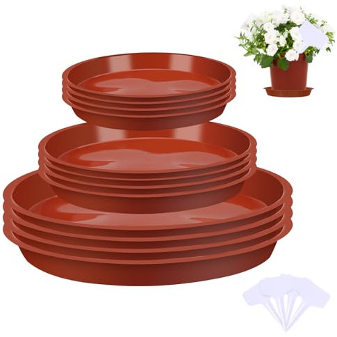Xialvyu 12Pcs Plant Pot Saucers with White Label, Plastic Plant Saucer Plant Tray Flower Pot Drip Tray for Indoor Outdoor Garden Plants (14 cm/16cm/24cm, Red)