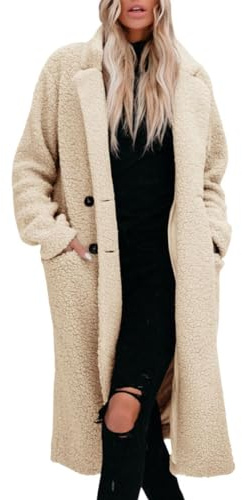 SCLEROPAGES Damen Elegante Langarm Trenchcoat Dick Warm Wintermantel Lässige Plüschmantel Reverskragen Casual Mantel Lange Jacke mit Taschen (Beige,XL)