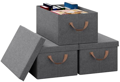 WOLTU Aufbewahrungsbox mit Deckel 3 Stück, aus Polyesterstoff, für Schlafzimmer, Arbeitszimmer, Wohnzimmer, Organizer Box mit Griffen, faltbar, Grau, 48x20x29 cm