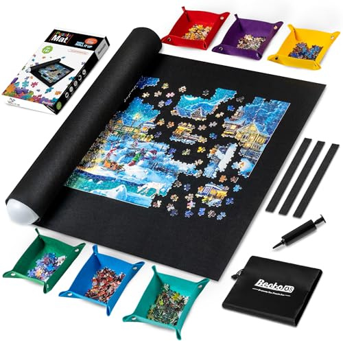 Becko US Puzzlematte zum Aufrollen mit 6 farbigen Sortiertabletts & Aufbewahrungstasche & schwarzer Pumpe, Puzzlematte mit auslaufsicherem Schlauch und 3 elastischen Bändern, tragbarer Puzzlehalter