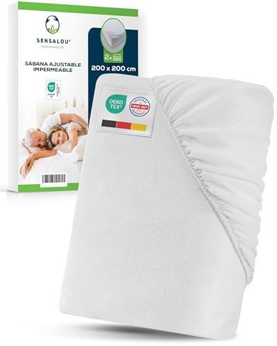 Sensalou 2er Pack Spannbettlaken Wasserdicht 200x200 - Matratzenschoner | Inkontinenz Spannbetttuch bis 25 cm Höhe - 100% Baumwolle - Nässeschutz für Doppelbett - Waschbar 95°C - Öko-Tex