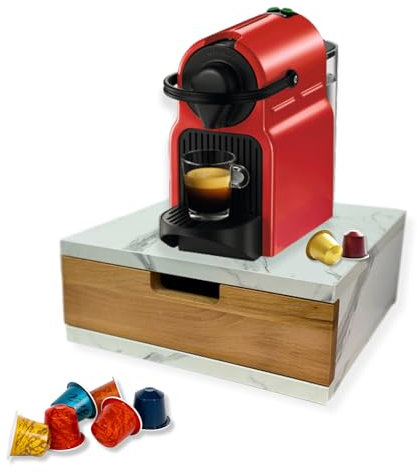 Mottiwood Porta Capsule Cialde con Cassetto, Salva Spazio, Effetto Marmo Bianco, 31x31x12hcm, Cassetto Porta Capsule o Cialde Compatibili, Bustine e Accessori, Made in Italy (Effetto Marmo Bianco)