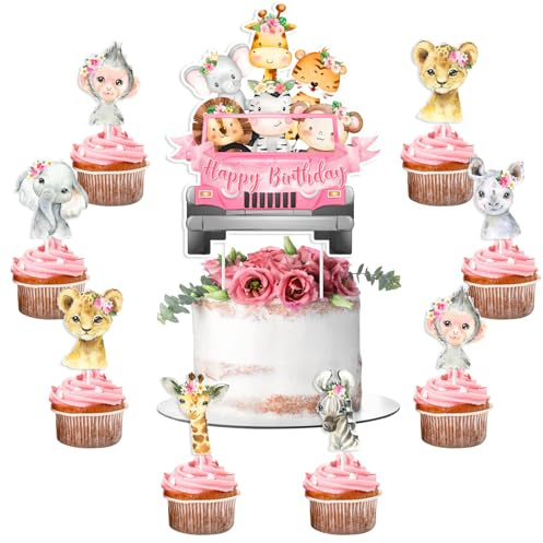 Jollyboom Dschungeltier-Geburtstagsdekorationen, Kuchendekoration, rosa Safari, Happy Birthday, Kuchendekoration, Safari-Tiere, Cupcake-Topper für Mädchen, zwei wilde 1. Party, Babyparty