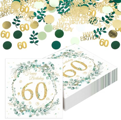 Yamitora 40 Stück Servietten 60. Geburtstag - Eukalyptus Motiv | Papierservietten Mit Konfetti Tischdeko für Mann Frau Party Deco