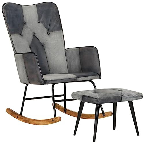 CINDERFUL Schaukelstuhl mit Hocker Grau Echtleder und Canvas,Schaukelstuhl aus Leder mit Fußhocker – Bequemer Loungesessel mit Schaukelfunktion für Wohnzimmer und Schlafzimmer Sessel & Stühle