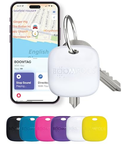 Boompods Boomtag Wiederaufladbarer Schlüsselfinder - Ozeanplastik Bluetooth Tracker kompatibel mit Apple Wo ist? App, Wasserdichter Key Finder, Mini Ortungsgerät für Schlüssel, Taschen, Weiß