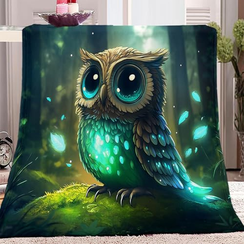 Anime-Stil, Tiere, Eule, Wald Kuscheldecke Grün Flauschig Decke Fleecedecke, Sofa Überwurfdecke, Wohndecke Warm Weich Sherpa Wolldecke, Gemütlicher Überwurf Für Bett und Couch 180x200 cm