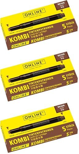 ONLINE Kombi-Tintenpatronen, Universal-Patronen, kompatibel mit allen gängigen Füllern, auch Lamy-Füller, Ersatz-Patronen, Schachtel mit 5 Großraum-Patronen, Farbe: Braun, 17057/12 (Packung mit 3)