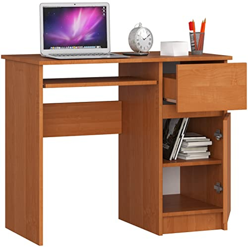 BDW - Escritorio para Ordenador con 1 cajón, 1 Armario y un cajón de Teclado extraíble. Escritorio para Ordenador de sobremesa o portátil, 90 x 77 x 50 cm