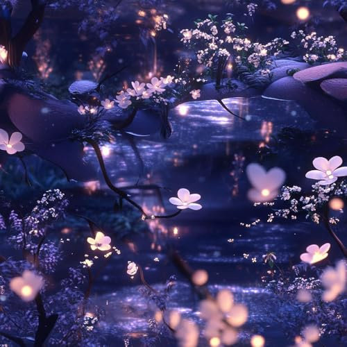 JIAOQSS Papier peint adhésif Fleur violette scintillanteNight Blue Purple Flower Pond Papier peint autocollant décollable Papier Peint Adhesif Mural Papier Collant pour Meuble Chambre Fille Amovible