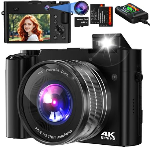Fotocamera Digitale,Bofypoo 64MP Autofocus Macchina Fotografica con Doppia Fotocamera Anteriore e Posteriore scheda di Memoria 32G,Digital Camera con Zoom Digitale 16X per Principianti (Nero)
