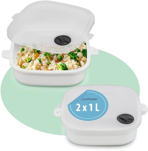 Hausfelder Set di stoviglie per microonde con coperchio, 2 ciotole da 1 litro, contenitori per microonde, bianco, ciotole 1 litro (2 pezzi)