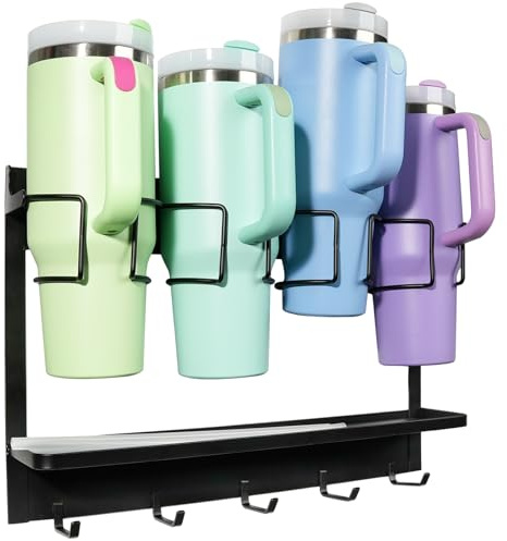 Mnxght Wasserflasche Organizer für Stanley, Magnetischer Becherhalter mit 5 Hake Stanley Cup Flaschenregal für 30/40 oz Tumbler 2-in-1 Trinkflaschenhalter Kühlschrank/Küche/Büro (Schwarz)