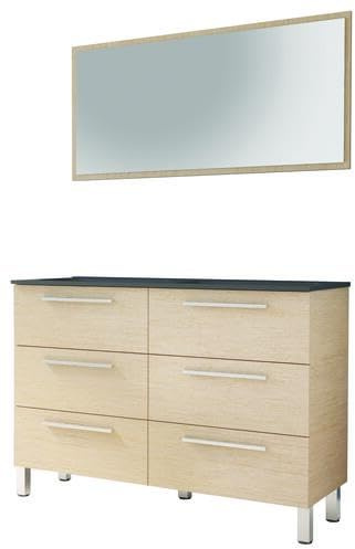 ONDÉE - Mueble de Baño - 120 cm - con Doble Lavabo de Resina Negra - 6 Cajones con Cierre Suave - Espejo Incluido - Fabricado en Europa - 120 cm - Roble Claro - Modelo Pallas