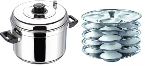 Stainless Steel Idli Maker, 4 to 6 Tier Cooker, 16-24 Plates, Induction Compatible (20 Idli Cooker - 5 Tier)