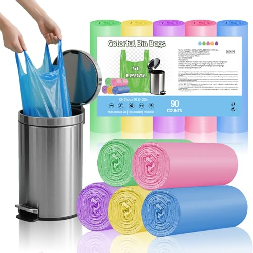 XIQIYY Kleine Müllsäcke mit Griffen zum Binden, 5 l, bunt, 90 Stück | Auslaufsichere Tretmüllbeutel, geruchlos, einfach zu verwenden und zu ersetzen, ideal für Bad- und Büroeimer